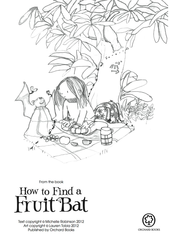 COLOURING SHEET for HOW TO FIND A FRUIT BAT, showing a little girl sitting on a picnic blanket, enjoying a fruity lunch with a cute and friendly fruit bat.