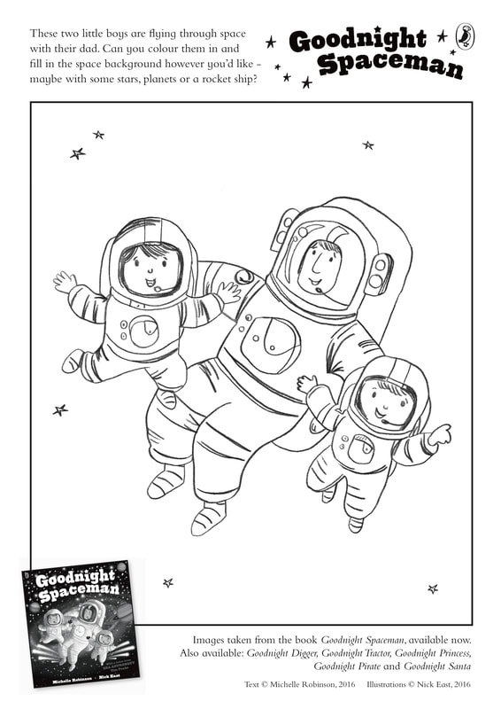 Colouring sheet for GOODNIGHT SPACEMAN, picturing an astronaut and two child astroanuts.