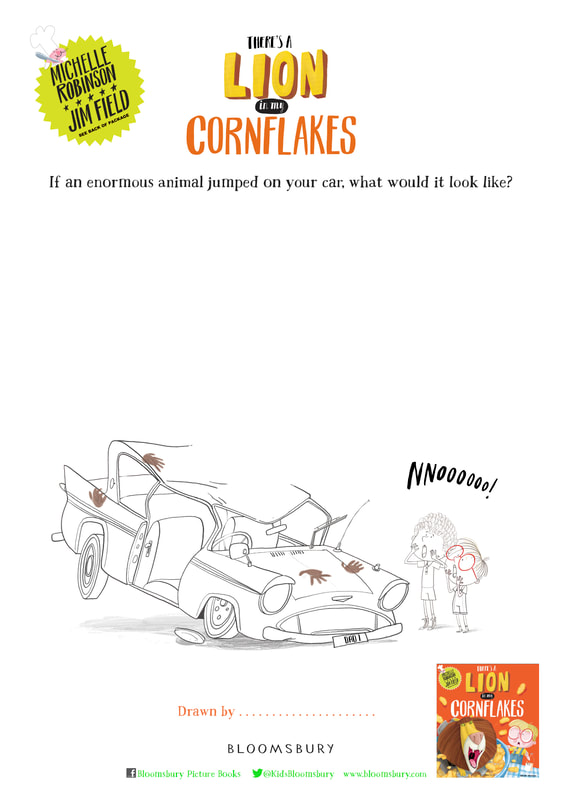 Activity sheet for there's a lion in my cornflakes, featuring two boys looking aghast at a crushed car. There is a large blank space above the car for you to draw what you think is crushing it.