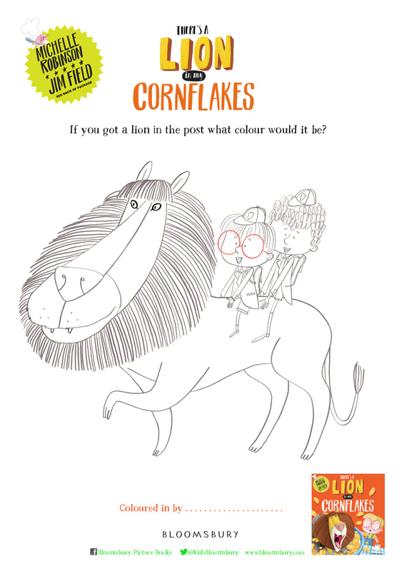 Colouring sheet for there's a lion in my cornflakes, featuring two little boys riding on a lion's back.