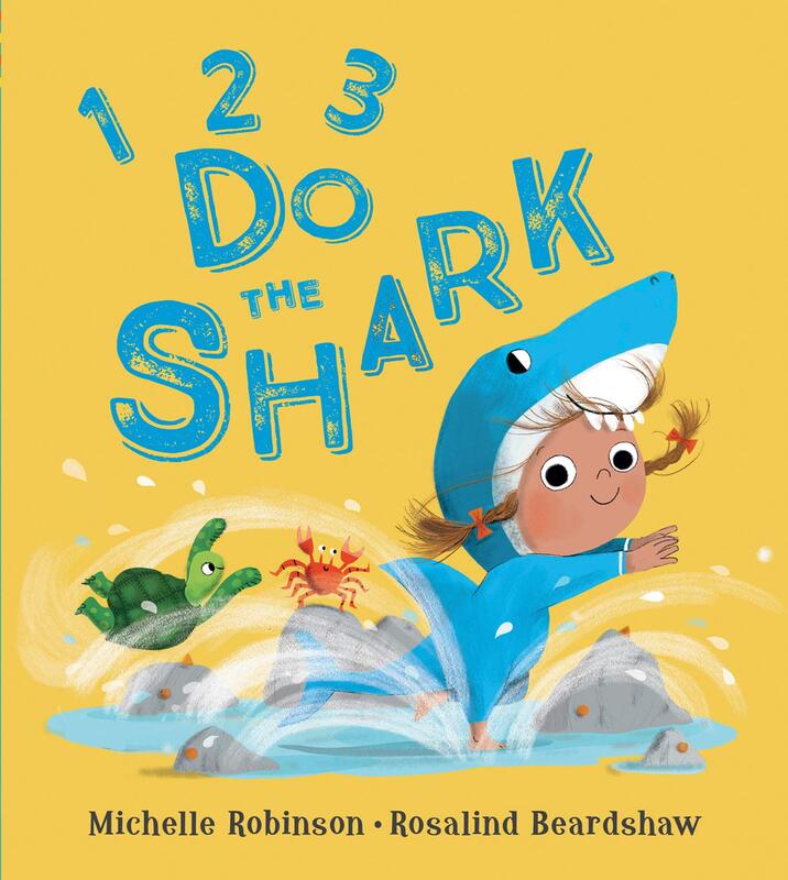 Front cover of 1,2,3 Do the Shark. A little girl in a shark onesie is smiling and splashing in a rock pool with a happy baby turtle and crab.