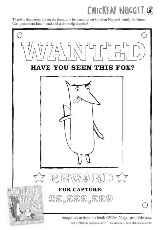 Colouring sheet for Chicken Nugget; it is a wanted poster for Franz the fox