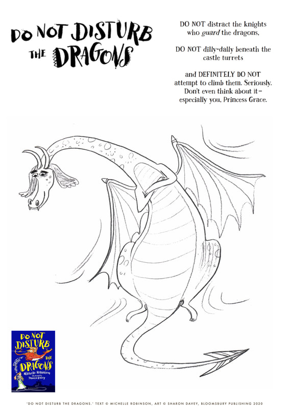 Colouring sheet to accompany DO NOT DISTURB THE DRAGONS. It shows a large dragon drawn by Sharon Davey.