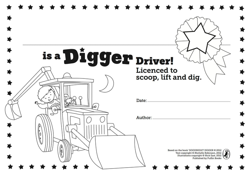 Colouring sheet for GOODNIGHT DIGGER in the form of a digger driving license.