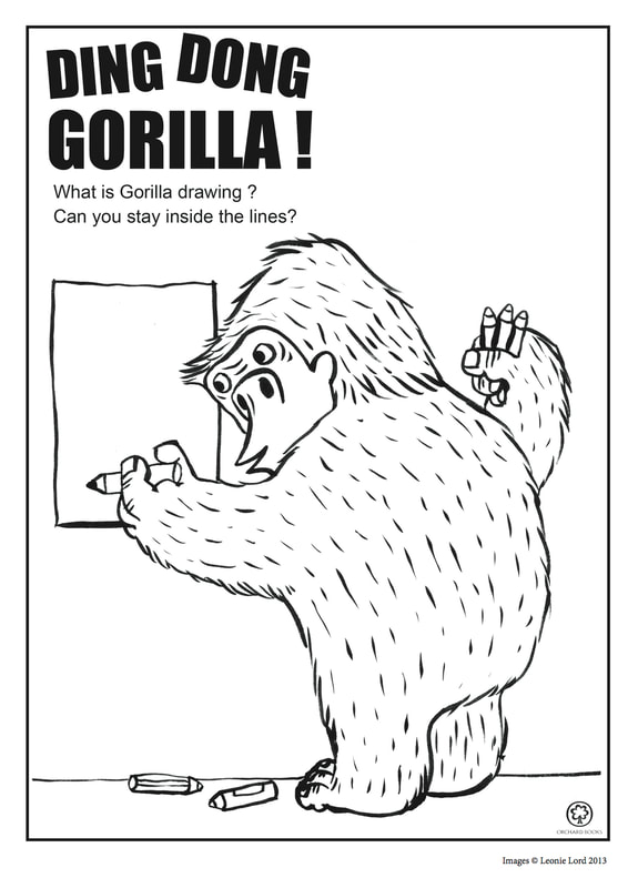 Colouring sheet for Ding Dong Gorilla; the gorilla is shown with pens 