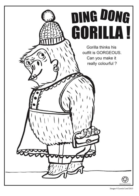 Alternative colouring sheet for Ding Dong Gorilla; the gorilla is dressed in a frilly nightgown