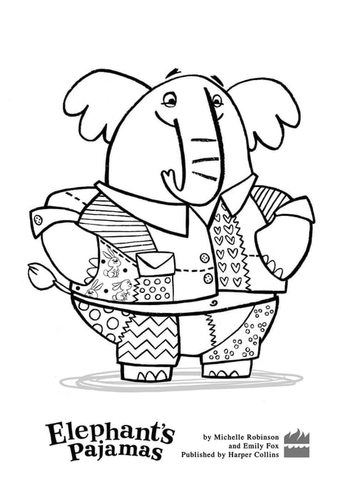 Colouring sheet for Elephant's Pyjamas. Elephant is wearing patchwork pyjamas.