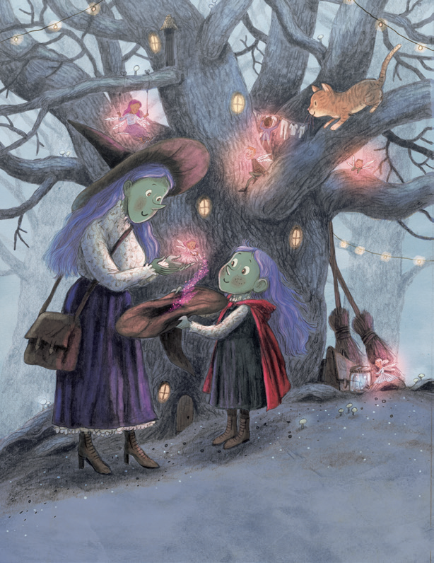 A mother witch and her young daughter, each with long purple hair and green skin, are standing beneath a tree inhabited by fairies. The tree is alight with glowing fairy house windows. Mother witch holds a glowing fairy in her hands and smiles at it happily as the fairy sprinkles fairy dust into the daughter witch's upturned hat.