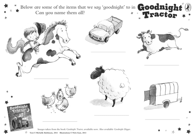 Colouring sheet for GOODNIGHT TRACTOR, featuring lots of farm animals and vehicles.
