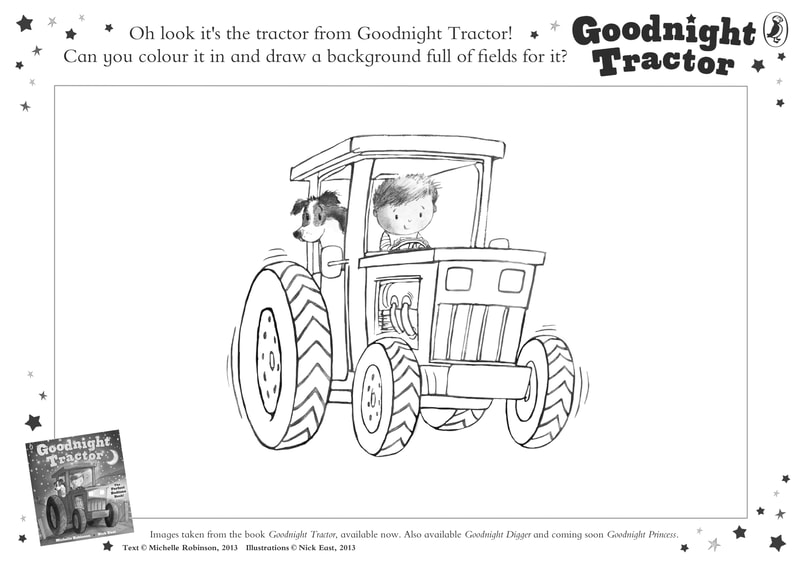 Colouring sheet for GOODNIGHT TRACTOR picturing a boy and his dog riding in a tractor.