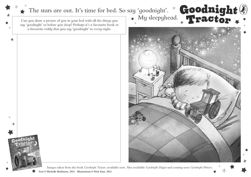 Colouring sheet for GOODNIGHT TRACTOR. It features a picture of a boy hugging his toy tractor as he sleeps in his bed, and has space for you to draw your favourite bedtime toy.
