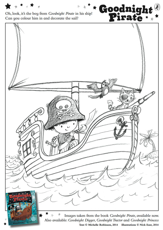 Colouring sheet for GOODNIGHT PIRATE. A child pirate in on a large pirate ship with a parrot and ship's cat.