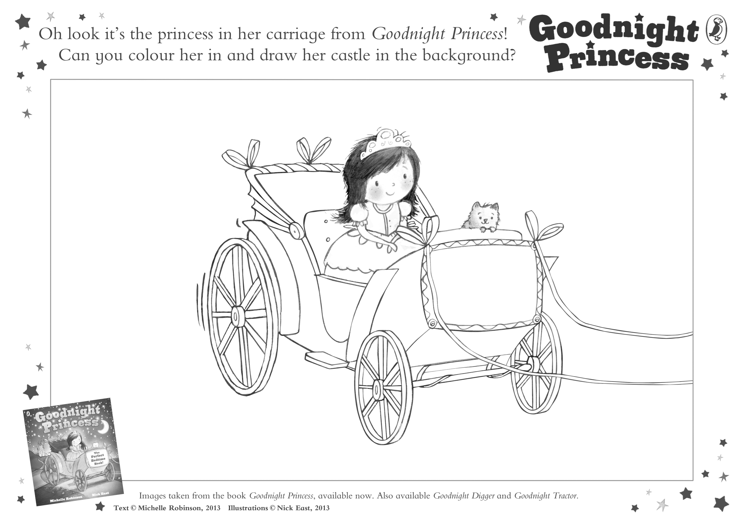 Colouring sheet for GOODNIGHT PRINCESS, picturing a child princess in a carriage with her cat.