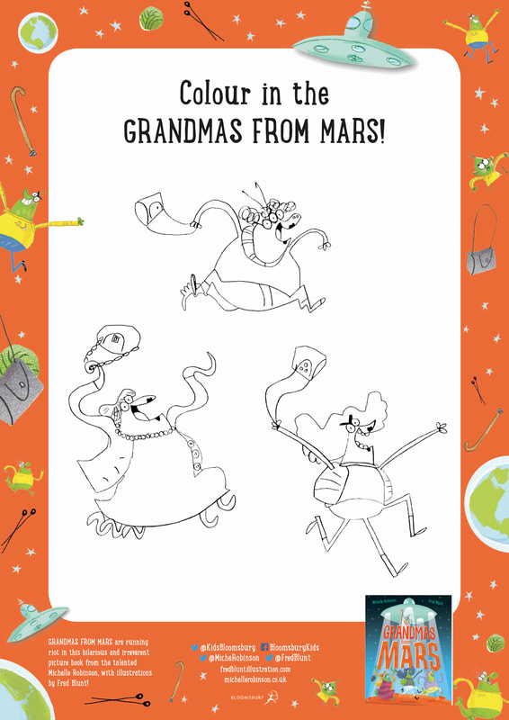 COLOURING SHEET for Grandmas From Mars. Three martian grannies are running amuck.