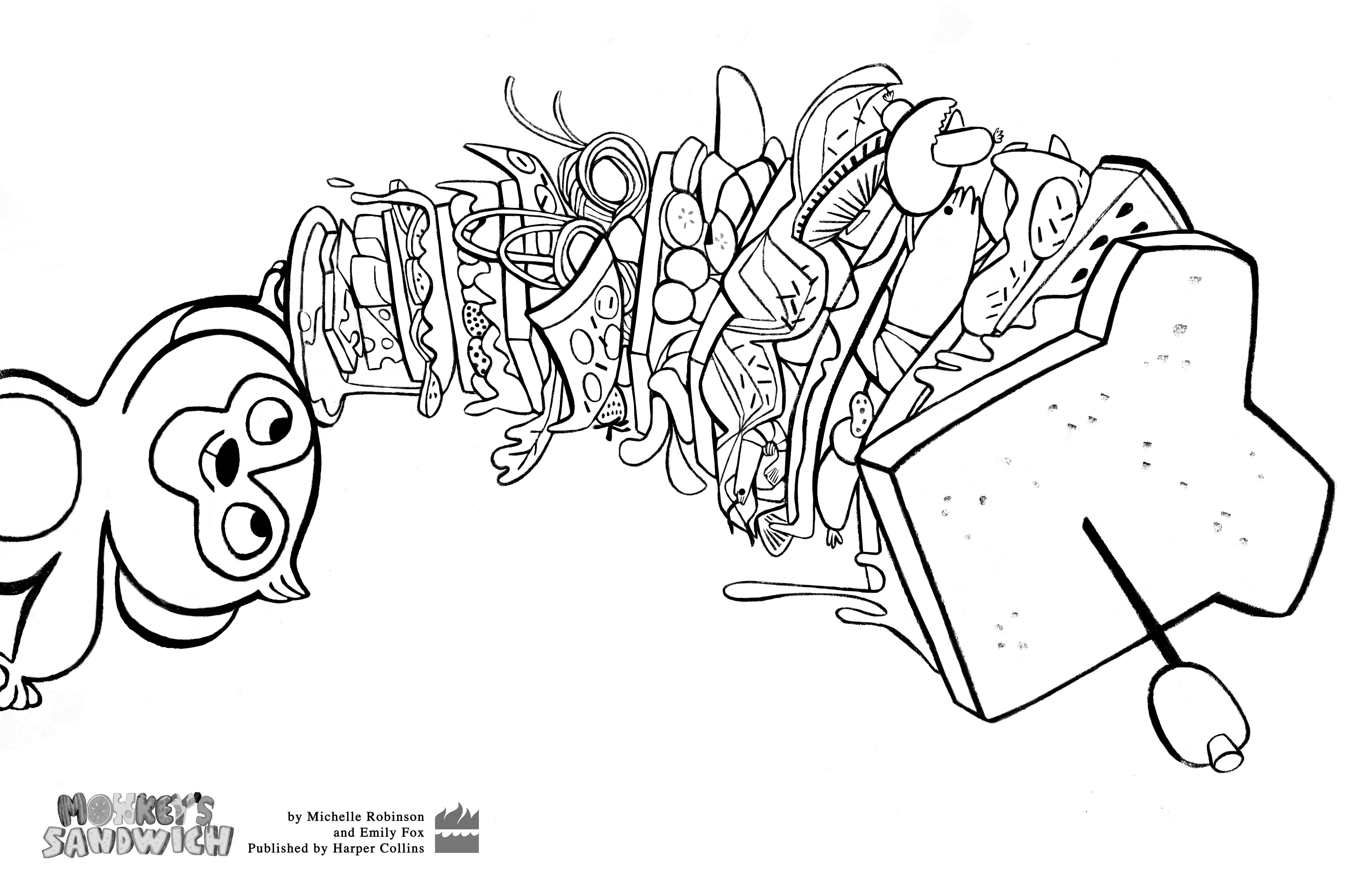 Colouring sheet for Monkey's Sandwich. It shows monkey holding aloft a huge, towering, multi-layered sandwich.