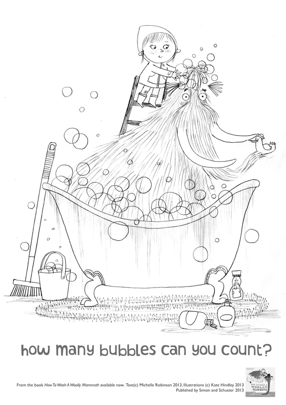 Colouring sheet for how to wash a woolly mammoth. A mammoth is squeezed into a roll top bath. A little girl is up a ladder, scrubbing him. There are bubbles galore. The mammoth holds a rubber duck in his trunk.