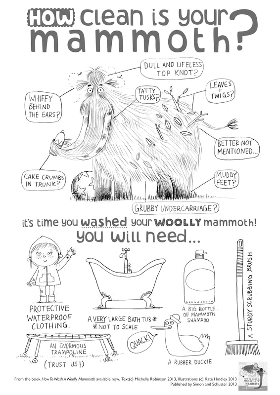 Colouring sheet for How to Wash a Woolly Mammoth, showing a very mucky mammoth and come of the items you would need to clean him.
