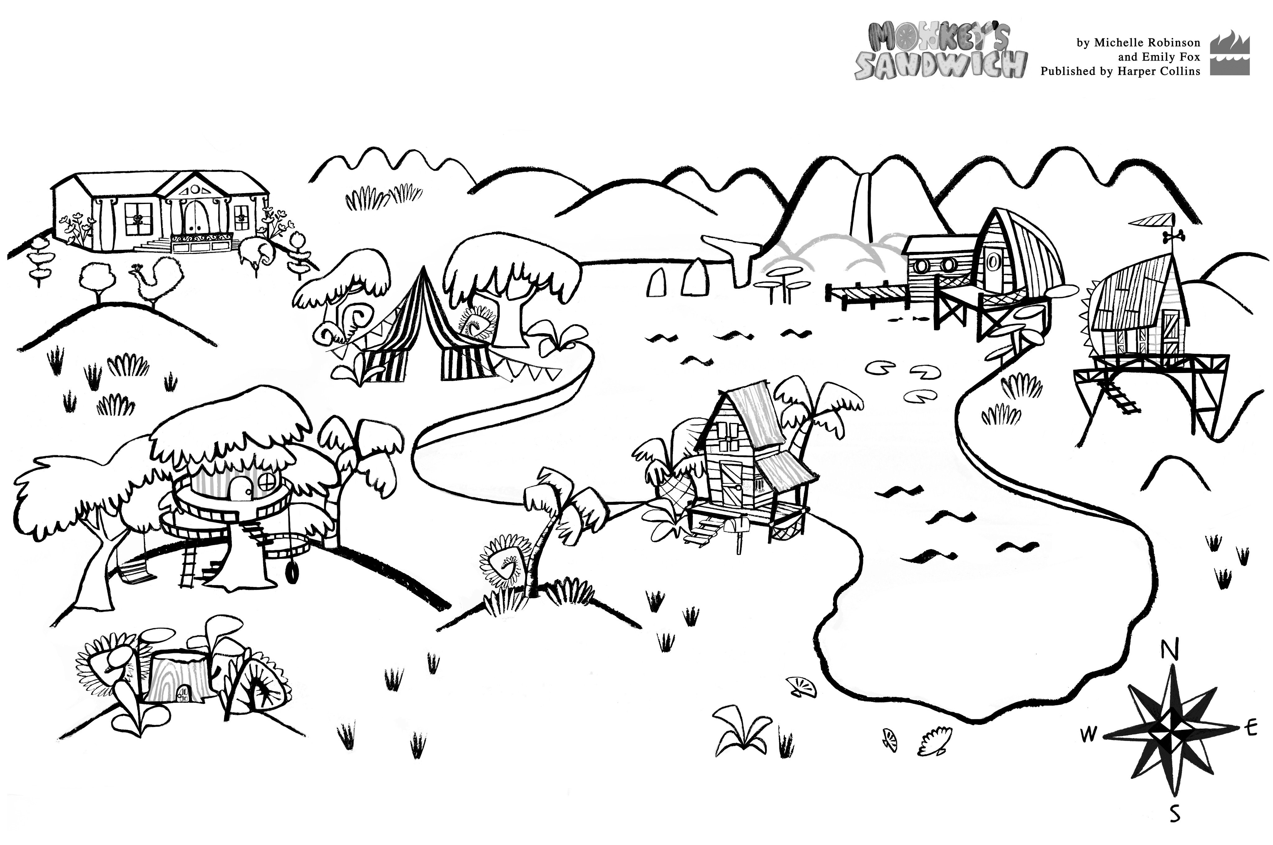 Colouring sheet for Monkey's Sandwich. featuring the map of character's houses from the book.