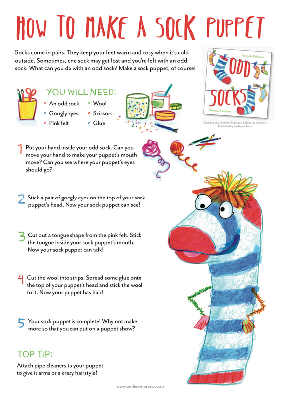 Sock puppet making instructions, featuring a cute version of Sosh from the book Odd Socks.