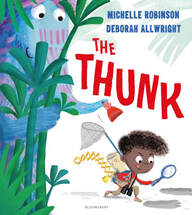 The picture book, 'The THUNK' front cover, featuring a young brown skinned boy with a backpack, butterfly net and magnifying glass and a large blue furred creature with a long trunk. 