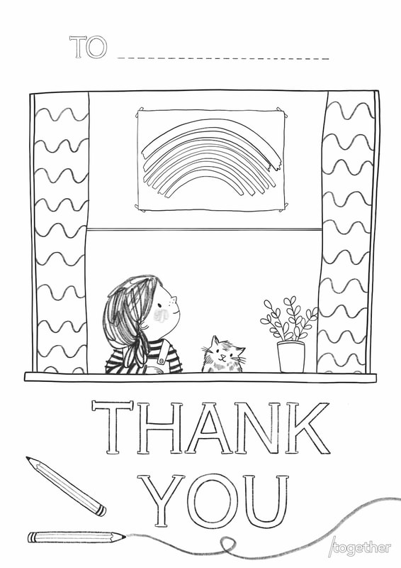 Colour a thank you poster for THE WORLD MADE A RAINBOW to display in your window. It features a little girl and her pet cat in their own window and a large written THANK YOU.