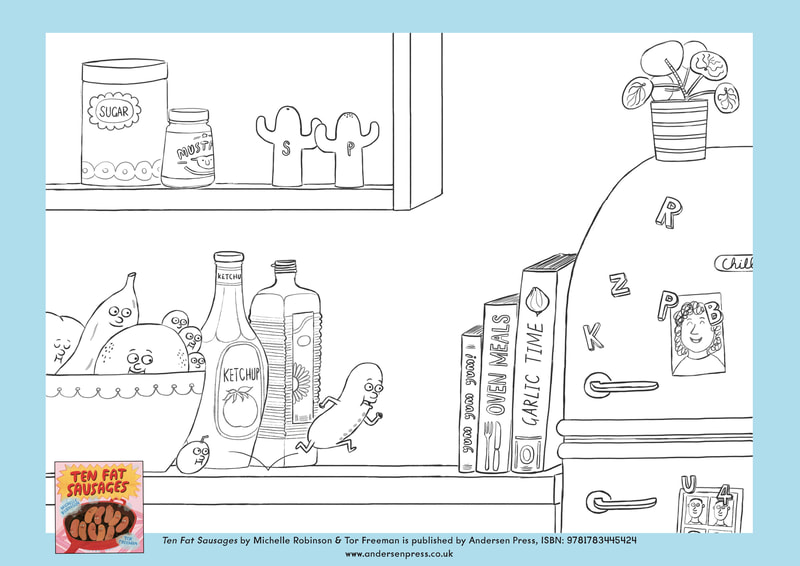 Colouring sheet to accompany TEN FAT SAUSAGES, showing a sausage escaping across a busy kitchen worktop.