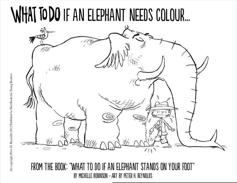 Colouring sheet for WHAT TO DO IF AN ELEPHANT STANDS ON YOUR FOOT, featuring a large elephant standing on the foot of a nervous looking child explorer.