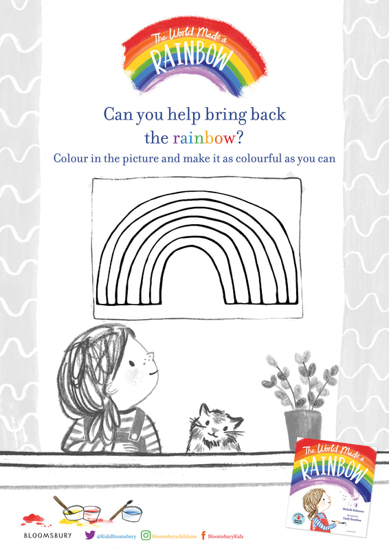 Colouring sheet for THE WORLD MADE A RAINBOW, featuring a little girl and her pet cat.