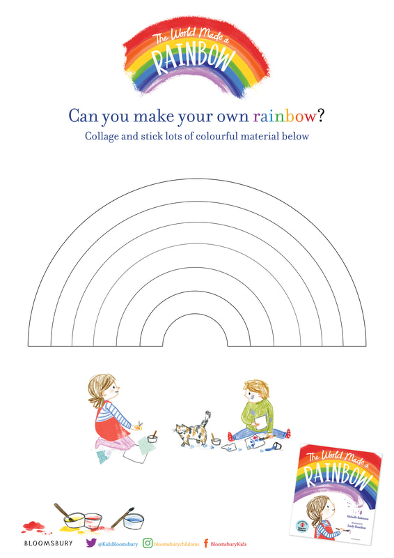 Activity sheet for THE WORLD MADE A RAINBOW, featuring a big rainbow to stick collage materials to.